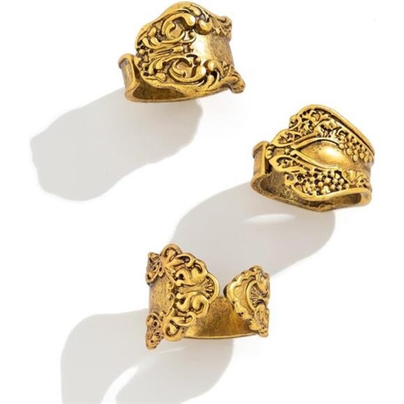 โจ Bold Boho Spoon Ring Set | Chunky Gold Adjustable Rings | Vintage Floral - Picture 4 of 5